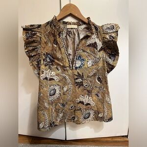 Ulla Johnson Floral Ruffle Blouse in Brown and Blue